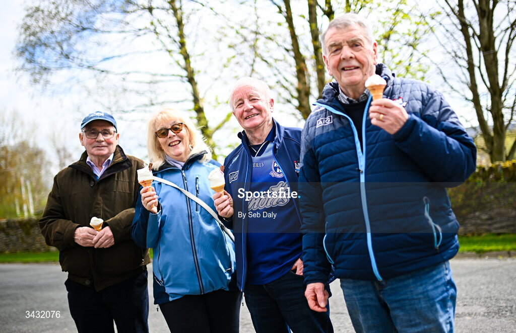 19 April 2026; Dublin supporters, from left, Oliver Reilly, Margaret Cluskey, and Tony Cluskey, from Balbriggan, and John Sarsfield, from Coolock, before the Leinster GAA Football Senior Championship quarter-final match between Wicklow and Dublin at Echelon Park in Aughrim in Wicklow. Photo by Seb Daly/Sportsfile