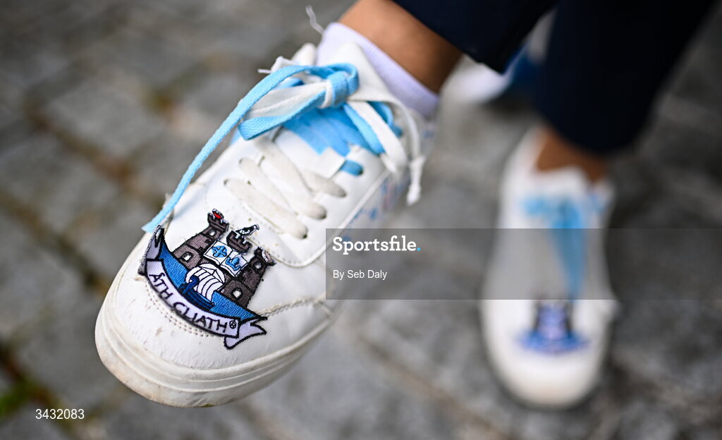 19 April 2026; A detailed view of a Dublin supporter's shoes before the Leinster GAA Football Senior Championship quarter-final match between Wicklow and Dublin at Echelon Park in Aughrim in Wicklow. Photo by Seb Daly/Sportsfile