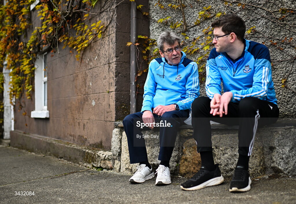 19 April 2026; Dublin supporters PJ and Tom Hogan, from Balbriggan, Dublin, before the Leinster GAA Football Senior Championship quarter-final match between Wicklow and Dublin at Echelon Park in Aughrim in Wicklow. Photo by Seb Daly/Sportsfile