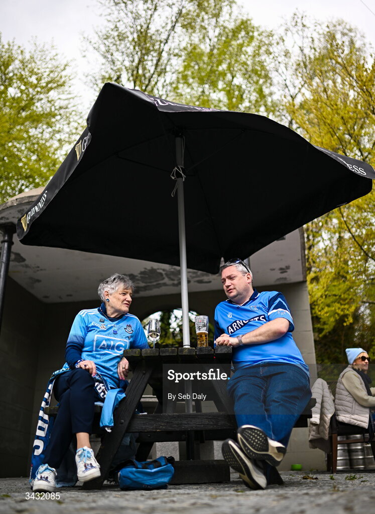 19 April 2026; Dublin supporters Agnes Freeman and her son Ed, from Gorey, Wexford, before the Leinster GAA Football Senior Championship quarter-final match between Wicklow and Dublin at Echelon Park in Aughrim in Wicklow. Photo by Seb Daly/Sportsfile