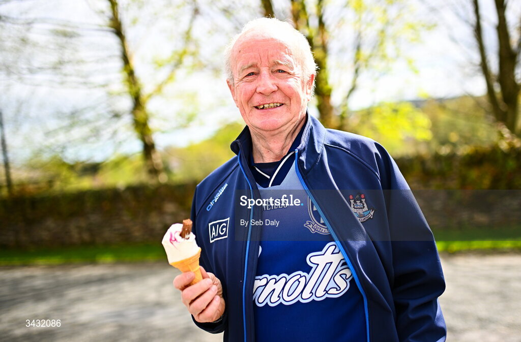 19 April 2026; Dublin supporter Tony Cluskey, from Balbriggan, Dublin, before the Leinster GAA Football Senior Championship quarter-final match between Wicklow and Dublin at Echelon Park in Aughrim in Wicklow. Photo by Seb Daly/Sportsfile