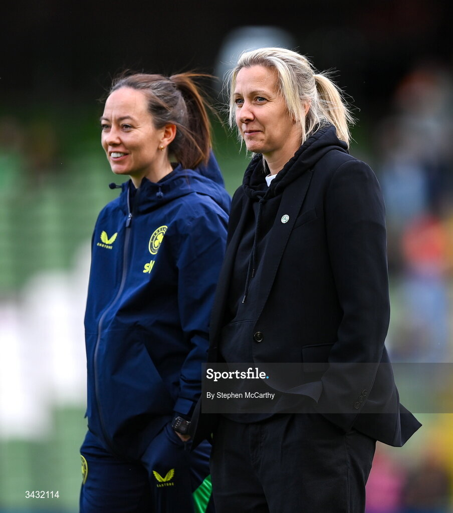 18 April 2026; Republic of Ireland head coach Carla Ward, right, and assistant coach Amber Whiteley during the 2027 FIFA Women’s World Cup Qualifier match between Republic of Ireland and Poland at the Aviva Stadium in Dublin. Photo by Stephen McCarthy/Sportsfile