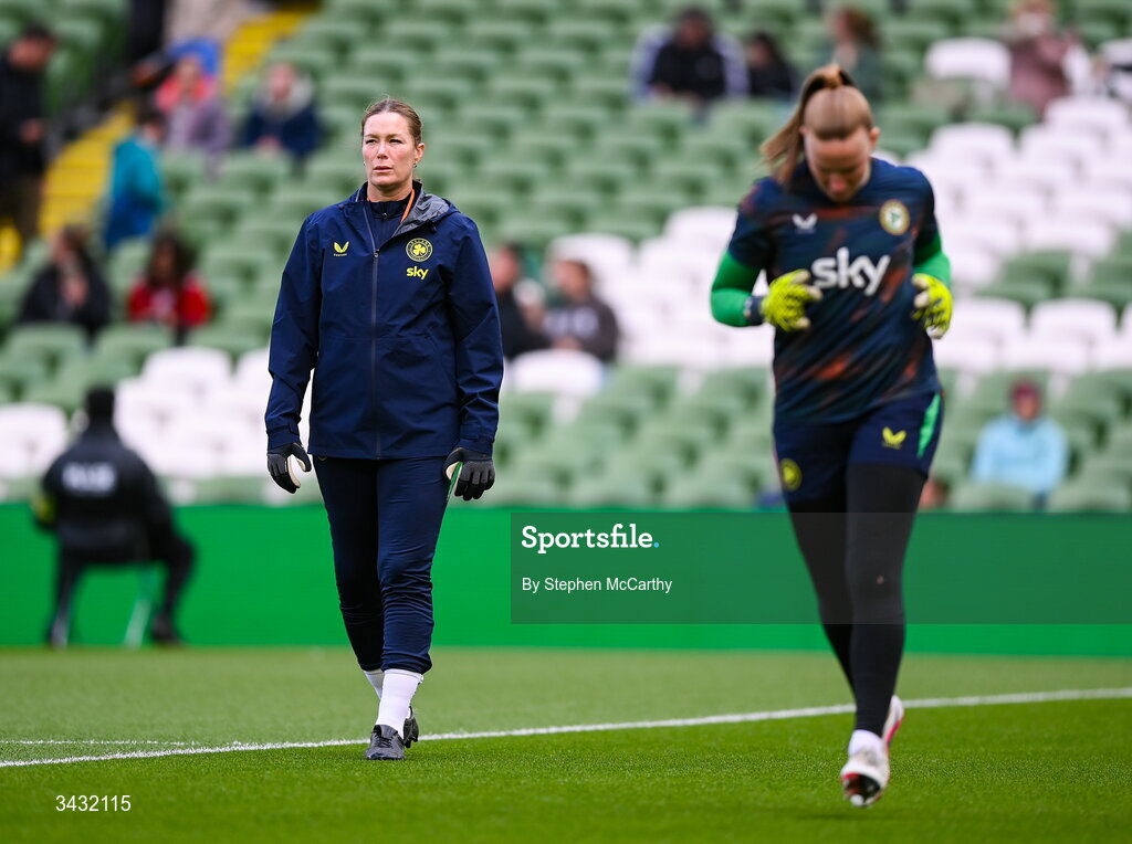 18 April 2026; Republic of Ireland goalkeeping coach Emma Byrne and goalkeeper Courtney Brosnan, right, during the 2027 FIFA Women’s World Cup Qualifier match between Republic of Ireland and Poland at the Aviva Stadium in Dublin. Photo by Stephen McCarthy/Sportsfile
