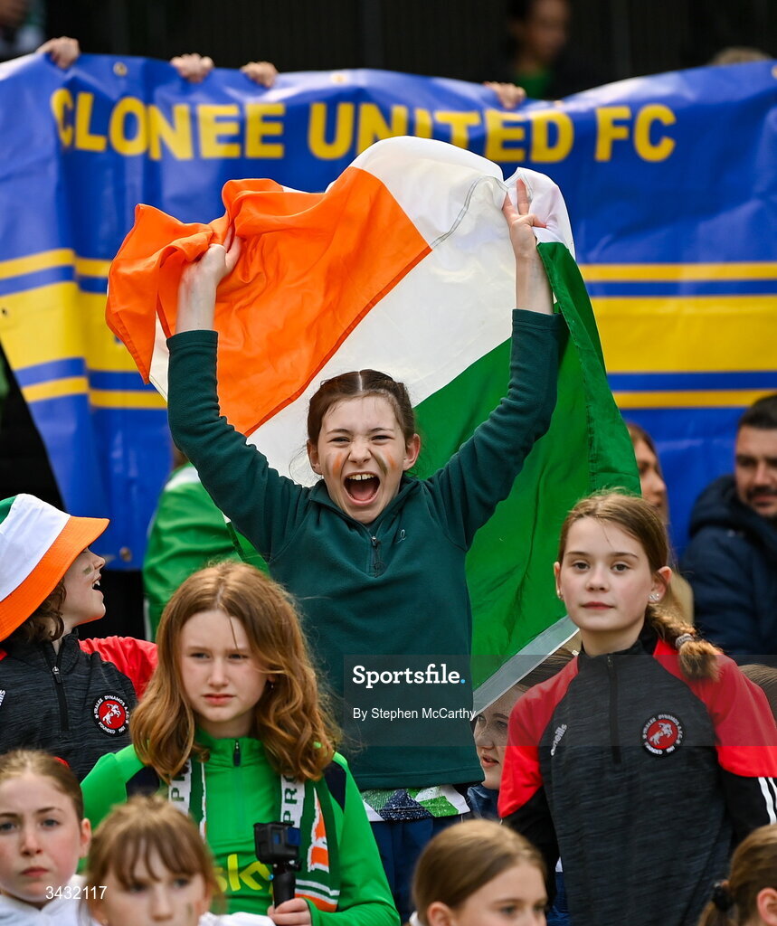 18 April 2026; Republic of Ireland supporters during the 2027 FIFA Women’s World Cup Qualifier match between Republic of Ireland and Poland at the Aviva Stadium in Dublin. Photo by Stephen McCarthy/Sportsfile