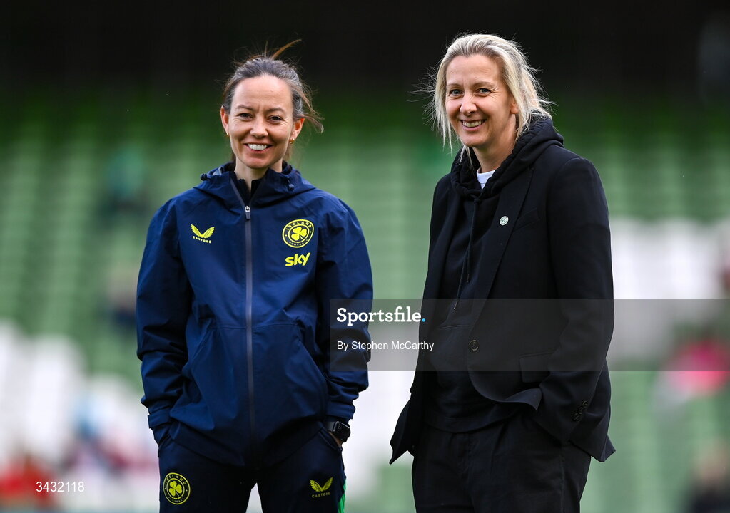 18 April 2026; Republic of Ireland head coach Carla Ward, right, and assistant coach Amber Whiteley during the 2027 FIFA Women’s World Cup Qualifier match between Republic of Ireland and Poland at the Aviva Stadium in Dublin. Photo by Stephen McCarthy/Sportsfile