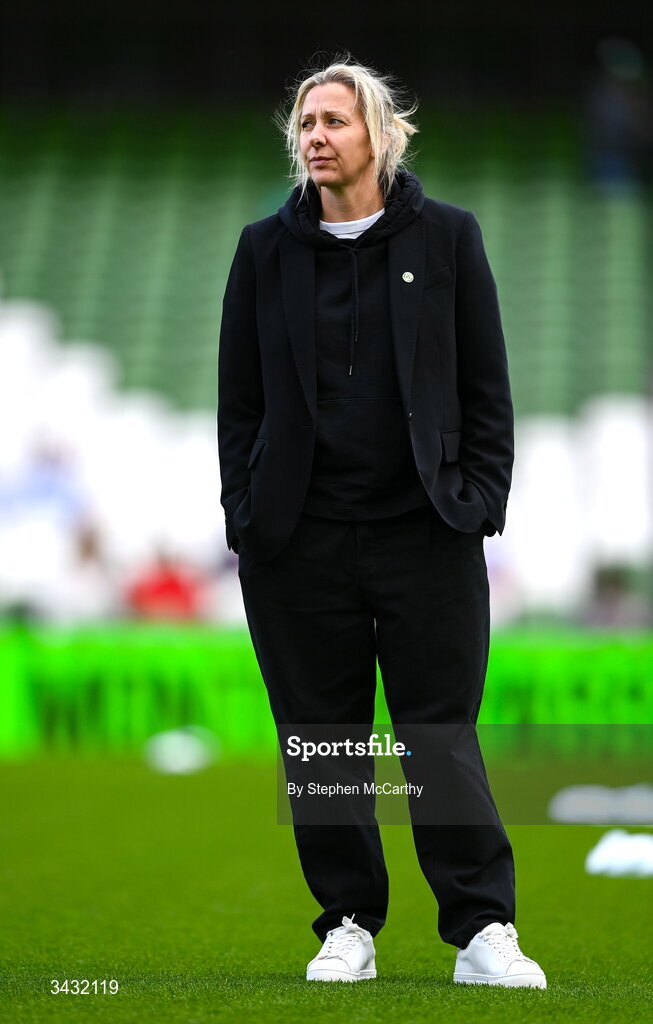 18 April 2026; Republic of Ireland head coach Carla Ward before the 2027 FIFA Women’s World Cup Qualifier match between Republic of Ireland and Poland at the Aviva Stadium in Dublin. Photo by Stephen McCarthy/Sportsfile