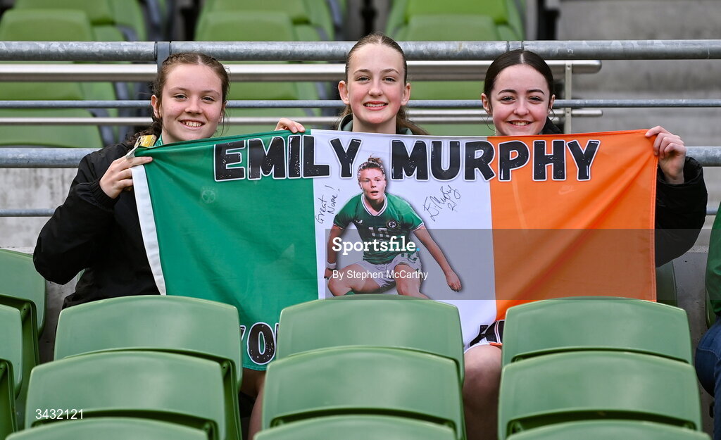 18 April 2026; Republic of Ireland and Emily Murphy supporters before the 2027 FIFA Women’s World Cup Qualifier match between Republic of Ireland and Poland at the Aviva Stadium in Dublin. Photo by Stephen McCarthy/Sportsfile