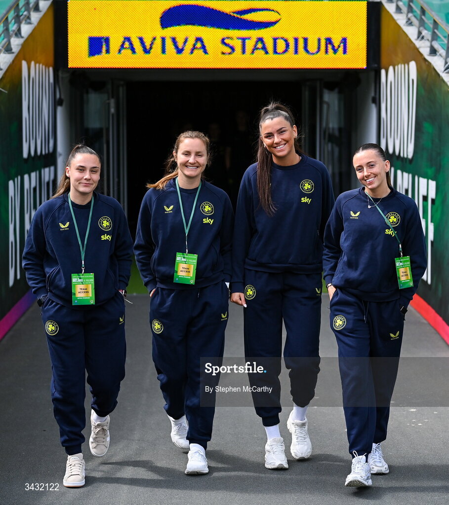 18 April 2026; Republic of Ireland players, from left, Jess Ziu, Kyra Carusa, Maria Reynolds and Abbie Larkin before the 2027 FIFA Women’s World Cup Qualifier match between Republic of Ireland and Poland at the Aviva Stadium in Dublin. Photo by Stephen McCarthy/Sportsfile