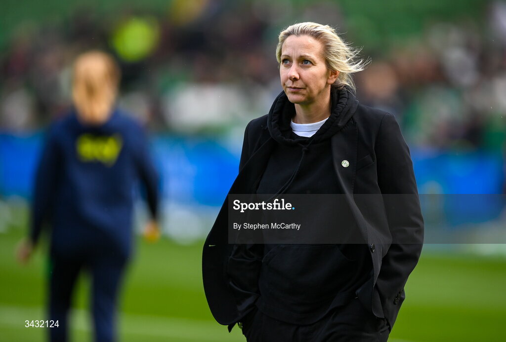 18 April 2026; Republic of Ireland head coach Carla Ward before the 2027 FIFA Women’s World Cup Qualifier match between Republic of Ireland and Poland at the Aviva Stadium in Dublin. Photo by Stephen McCarthy/Sportsfile
