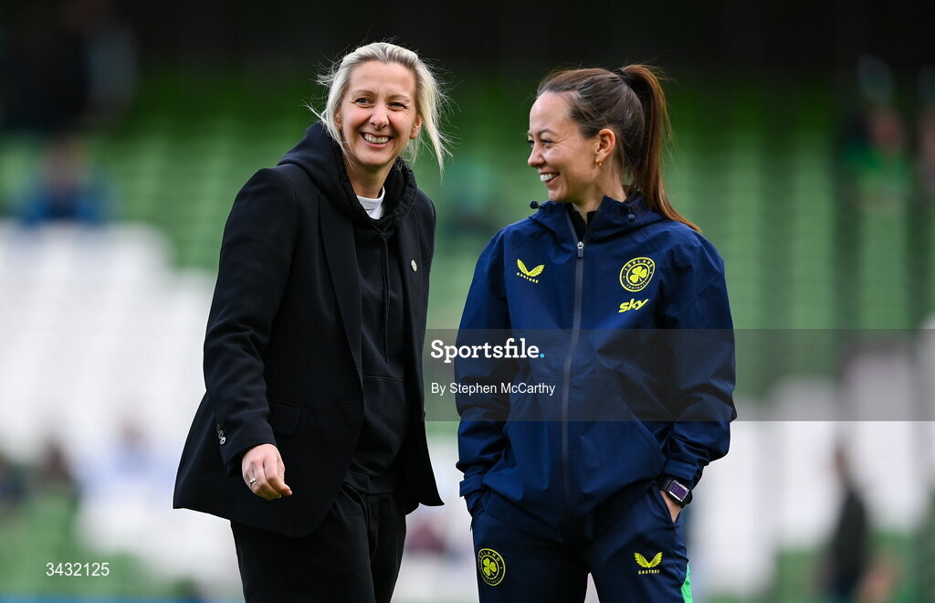 18 April 2026; Republic of Ireland head coach Carla Ward, left, and assistant coach Amber Whiteley during the 2027 FIFA Women’s World Cup Qualifier match between Republic of Ireland and Poland at the Aviva Stadium in Dublin. Photo by Stephen McCarthy/Sportsfile
