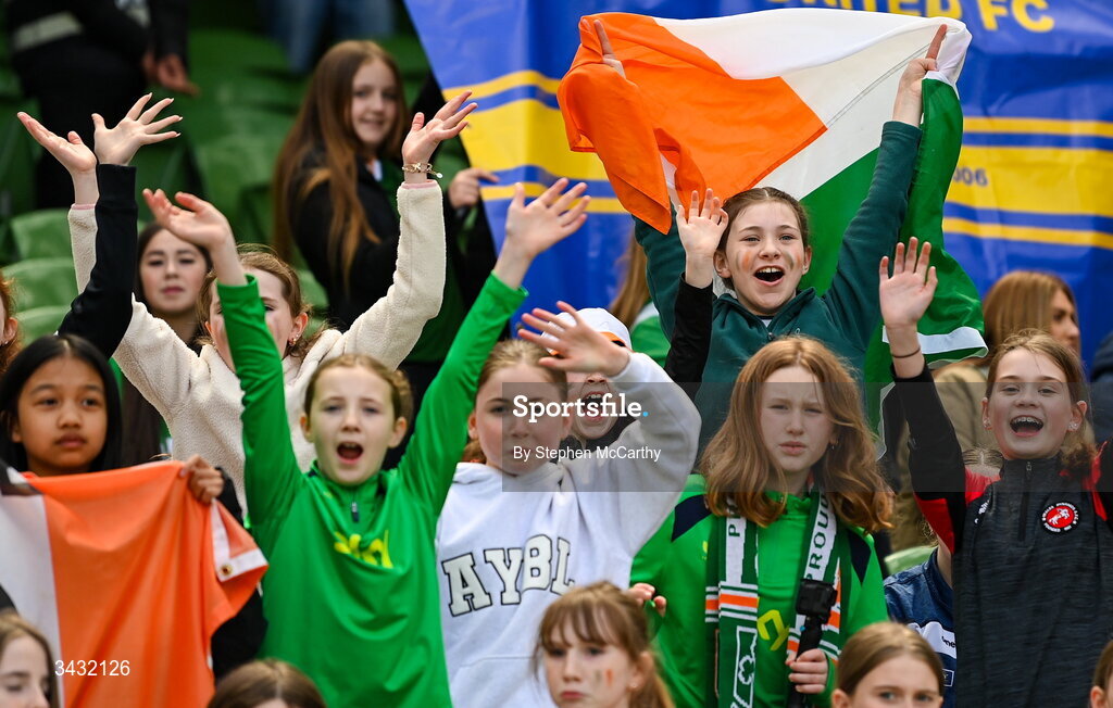 18 April 2026; Republic of Ireland supporters during the 2027 FIFA Women’s World Cup Qualifier match between Republic of Ireland and Poland at the Aviva Stadium in Dublin. Photo by Stephen McCarthy/Sportsfile