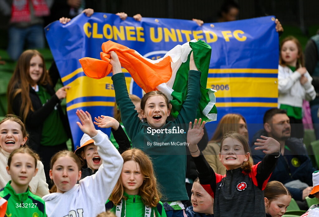 18 April 2026; Republic of Ireland supporters during the 2027 FIFA Women’s World Cup Qualifier match between Republic of Ireland and Poland at the Aviva Stadium in Dublin. Photo by Stephen McCarthy/Sportsfile