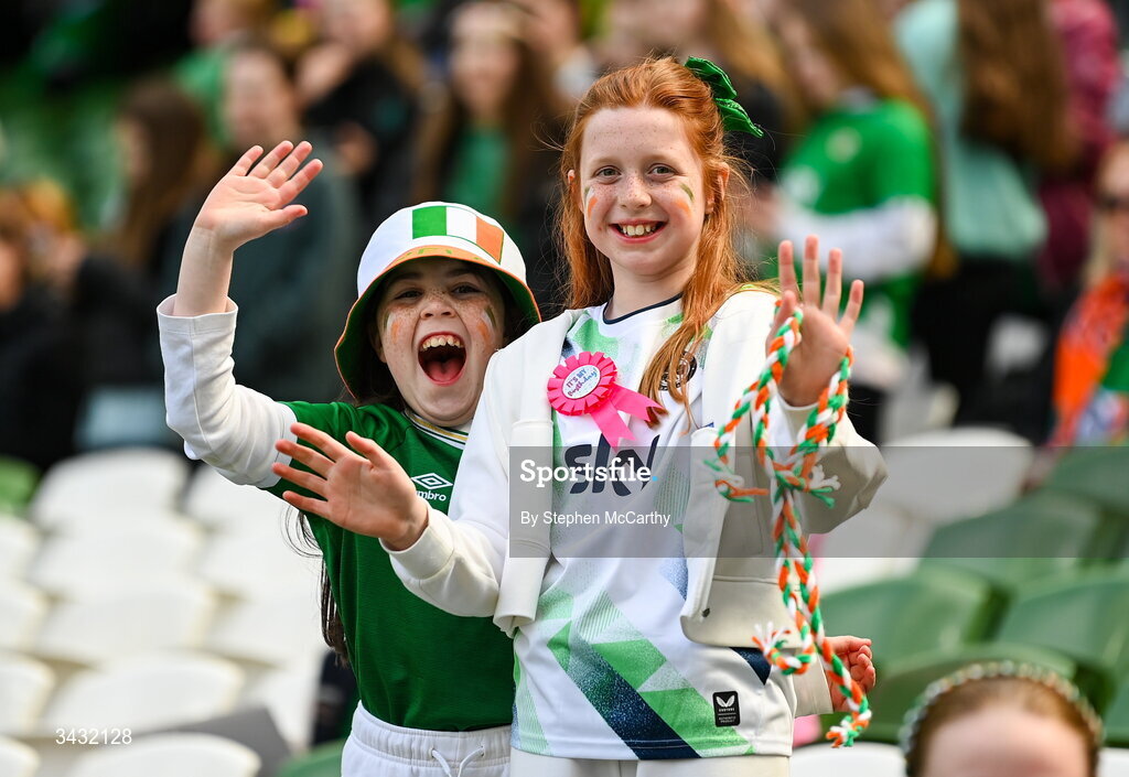 18 April 2026; Republic of Ireland supporters during the 2027 FIFA Women’s World Cup Qualifier match between Republic of Ireland and Poland at the Aviva Stadium in Dublin. Photo by Stephen McCarthy/Sportsfile