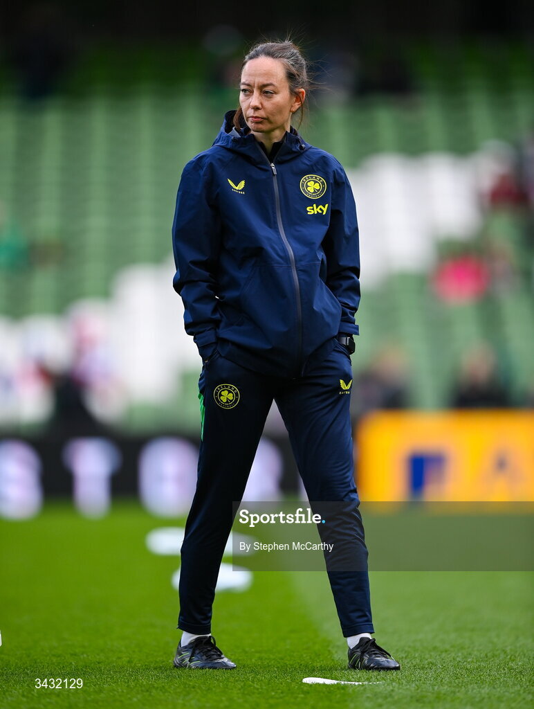 18 April 2026; Republic of Ireland assistant coach Amber Whiteley before the 2027 FIFA Women’s World Cup Qualifier match between Republic of Ireland and Poland at the Aviva Stadium in Dublin. Photo by Stephen McCarthy/Sportsfile