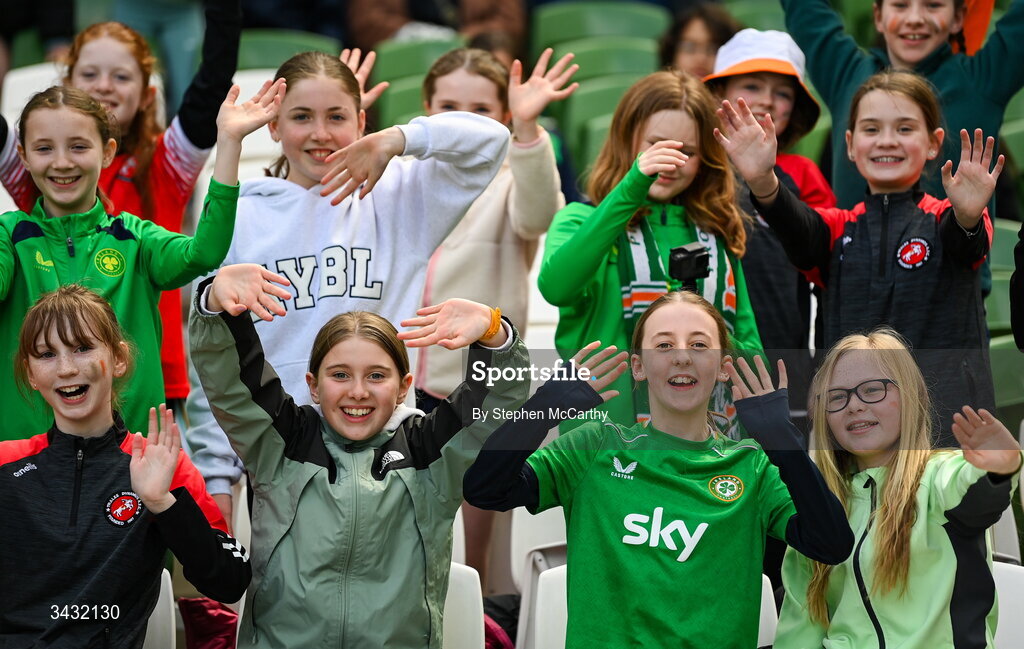 18 April 2026; Republic of Ireland supporters during the 2027 FIFA Women’s World Cup Qualifier match between Republic of Ireland and Poland at the Aviva Stadium in Dublin. Photo by Stephen McCarthy/Sportsfile