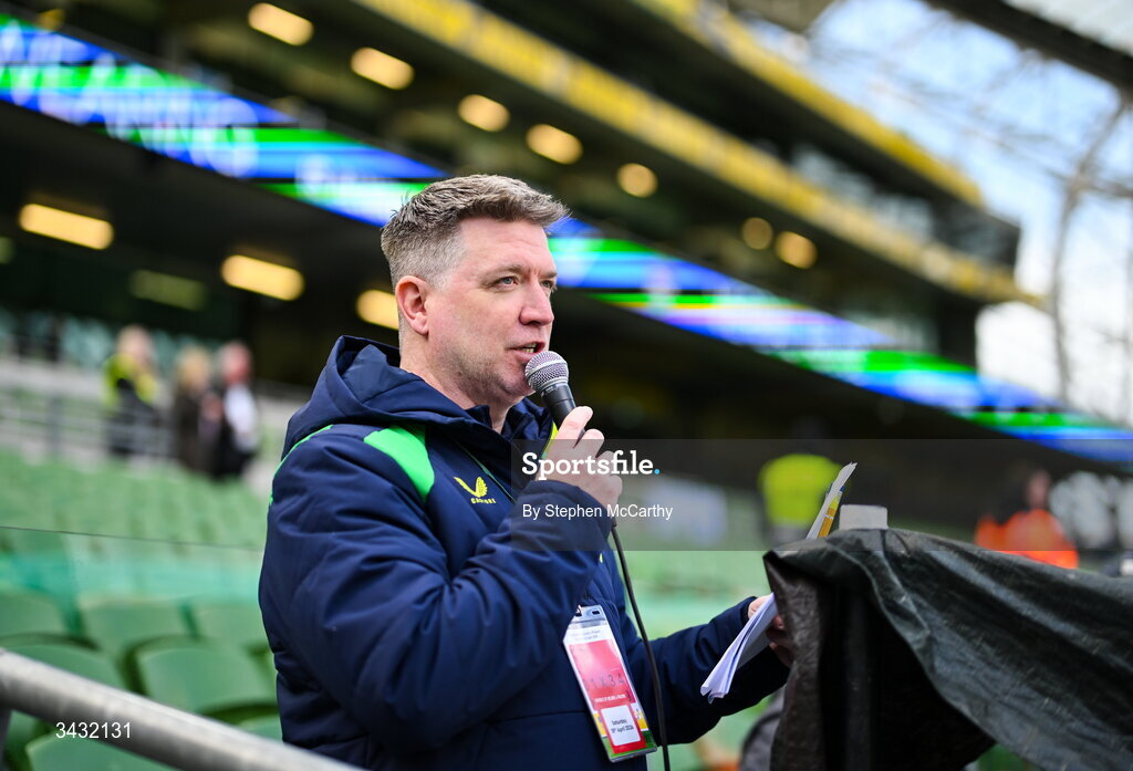 18 April 2026; MC Dave Moore during the 2027 FIFA Women’s World Cup Qualifier match between Republic of Ireland and Poland at the Aviva Stadium in Dublin. Photo by Stephen McCarthy/Sportsfile