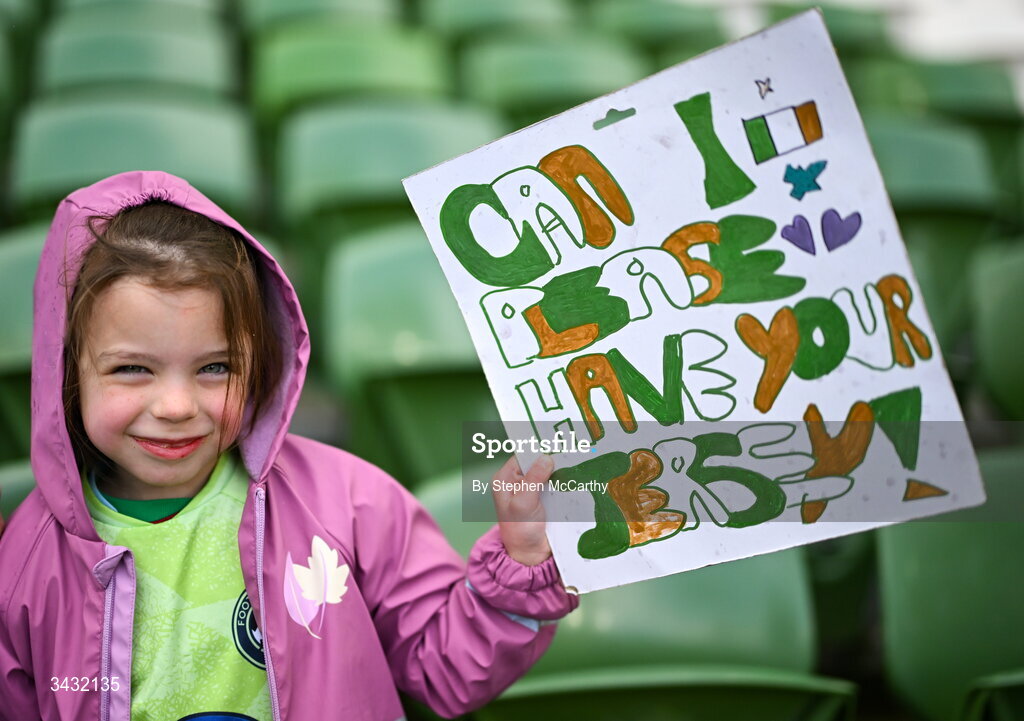 18 April 2026; An Republic of Ireland supporter before the 2027 FIFA Women’s World Cup Qualifier match between Republic of Ireland and Poland at the Aviva Stadium in Dublin. Photo by Stephen McCarthy/Sportsfile