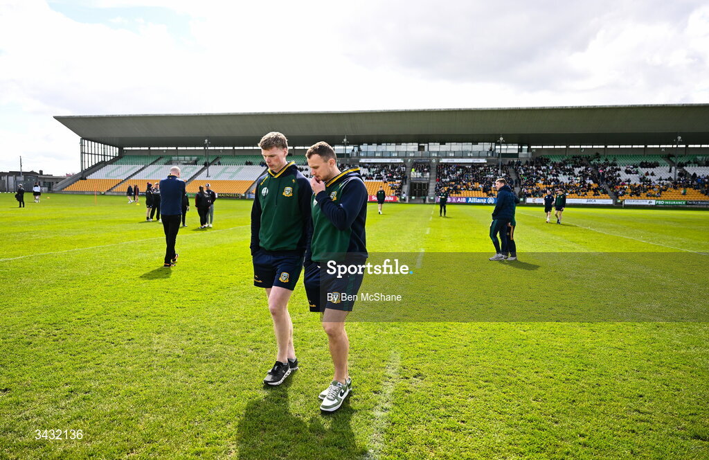 19 April 2026; Mathew Costello, left, and Ronan Jones of Meath before the Leinster GAA Football Senior Championship quarter-final match between Meath and Westmeath at Glenisk O'Connor Park in Tullamore, Offaly. Photo by Ben McShane/Sportsfile