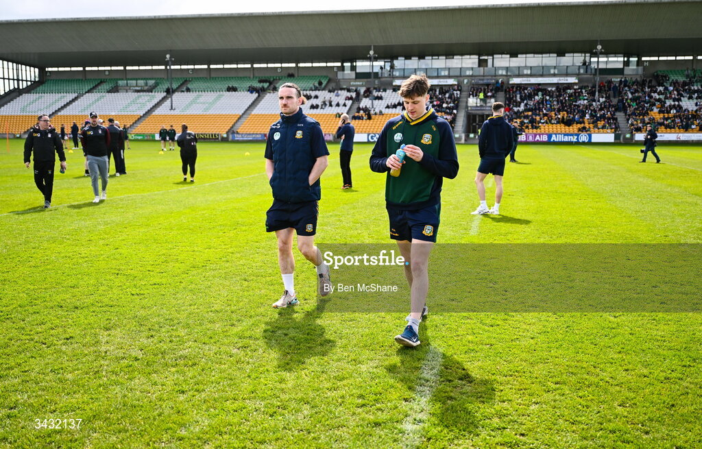 19 April 2026; Cillian O'Sullivan, left, and Adam O'Neill of Meath before the Leinster GAA Football Senior Championship quarter-final match between Meath and Westmeath at Glenisk O'Connor Park in Tullamore, Offaly. Photo by Ben McShane/Sportsfile