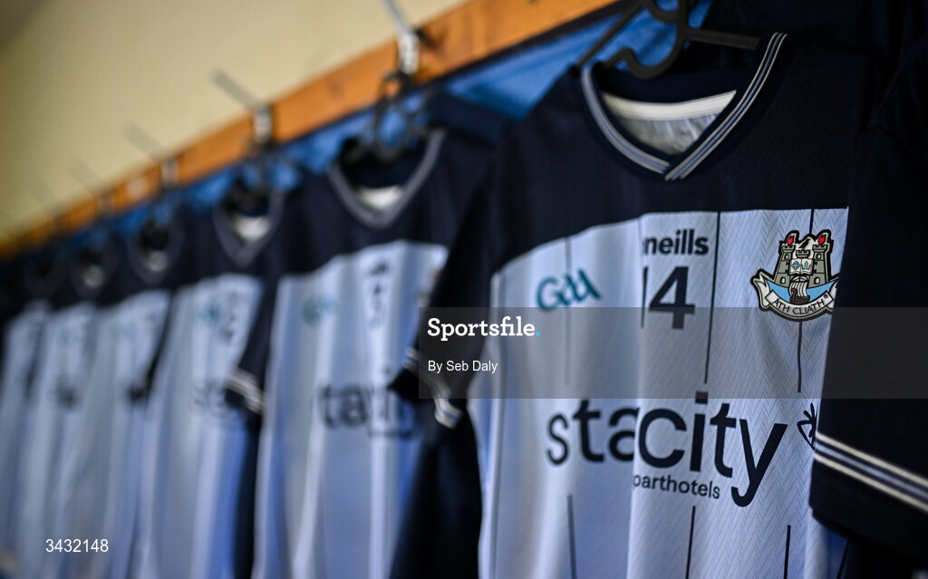 19 April 2026; The jersey of Dublin's Killian McGinnis hangs in the dressing room before the Leinster GAA Football Senior Championship quarter-final match between Wicklow and Dublin at Echelon Park in Aughrim in Wicklow. Photo by Seb Daly/Sportsfile