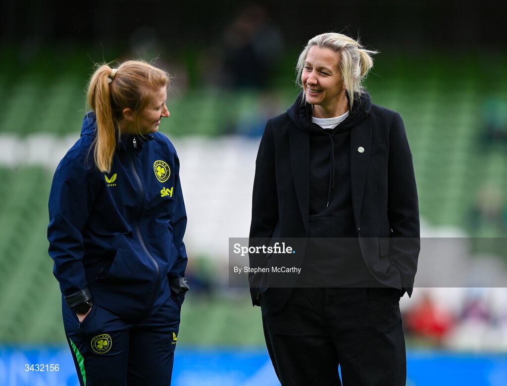 18 April 2026; Republic of Ireland head coach Carla Ward and performance coach Holly Pickett, left, during the 2027 FIFA Women’s World Cup Qualifier match between Republic of Ireland and Poland at the Aviva Stadium in Dublin. Photo by Stephen McCarthy/Sportsfile