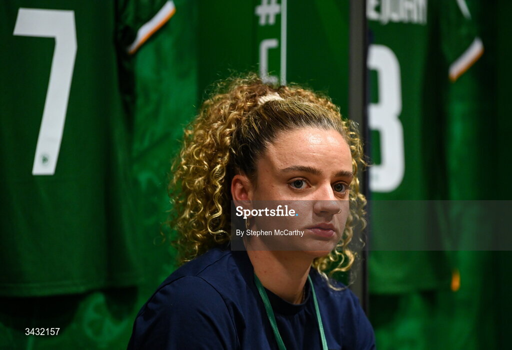 18 April 2026; Leanne Kiernan of Republic of Ireland in their dressing room before the 2027 FIFA Women’s World Cup Qualifier match between Republic of Ireland and Poland at the Aviva Stadium in Dublin. Photo by Stephen McCarthy/Sportsfile