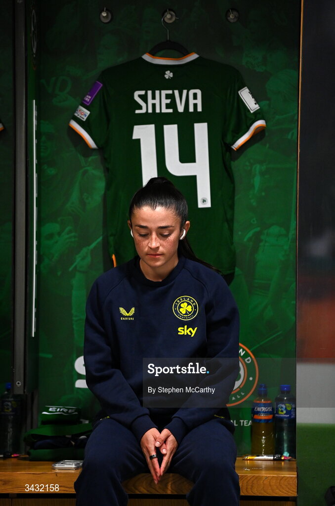 18 April 2026; Marissa Sheva of Republic of Ireland in their dressing room before the 2027 FIFA Women’s World Cup Qualifier match between Republic of Ireland and Poland at the Aviva Stadium in Dublin. Photo by Stephen McCarthy/Sportsfile