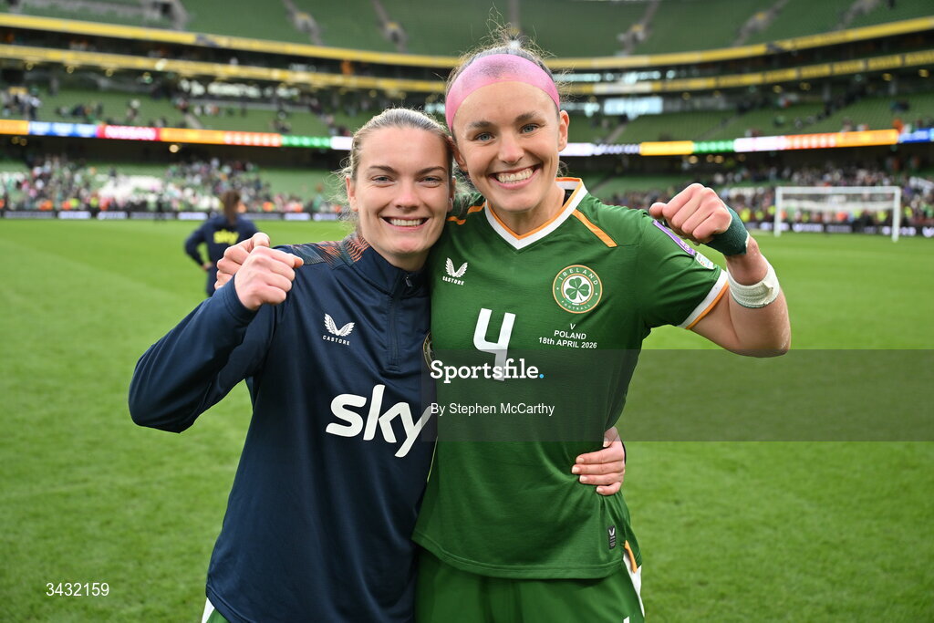 18 April 2026; Saoirse Noonan, left, and Caitlin Hayes of Republic of Ireland celebrate after the 2027 FIFA Women’s World Cup Qualifier match between Republic of Ireland and Poland at the Aviva Stadium in Dublin. Photo by Stephen McCarthy/Sportsfile