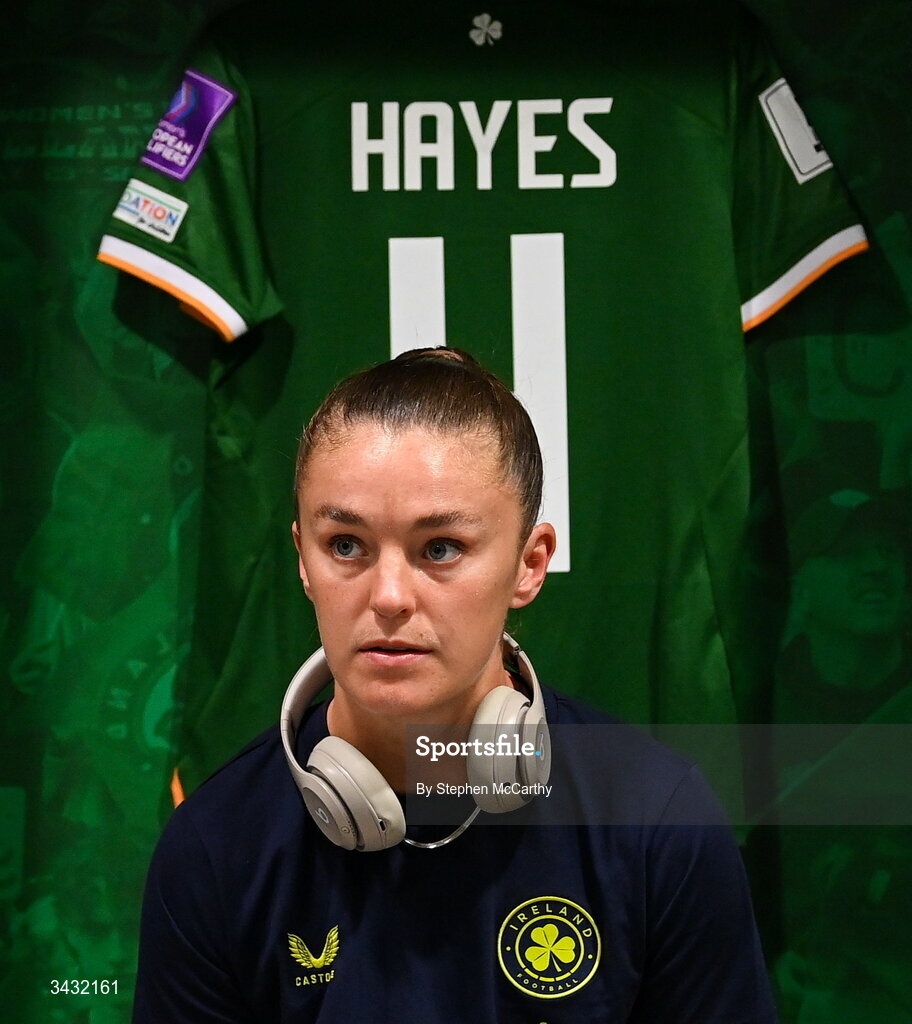 18 April 2026; Caitlin Hayes of Republic of Ireland in their dressing room before the 2027 FIFA Women’s World Cup Qualifier match between Republic of Ireland and Poland at the Aviva Stadium in Dublin. Photo by Stephen McCarthy/Sportsfile