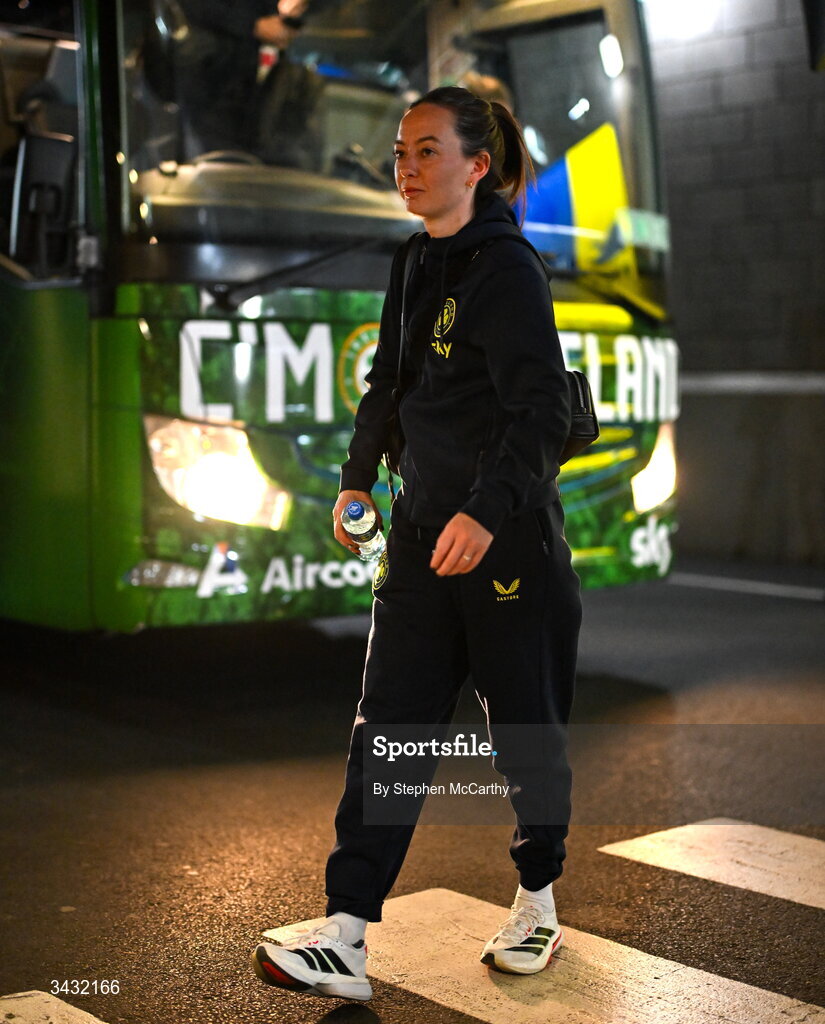 18 April 2026; Republic of Ireland assistant coach Amber Whiteley arrives for the 2027 FIFA Women’s World Cup Qualifier match between Republic of Ireland and Poland at the Aviva Stadium in Dublin. Photo by Stephen McCarthy/Sportsfile
