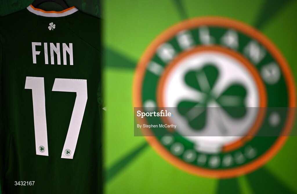 18 April 2026; The jersey of Jamie Finn hangs in the Republic of Ireland dressing room before the 2027 FIFA Women’s World Cup Qualifier match between Republic of Ireland and Poland at the Aviva Stadium in Dublin. Photo by Stephen McCarthy/Sportsfile
