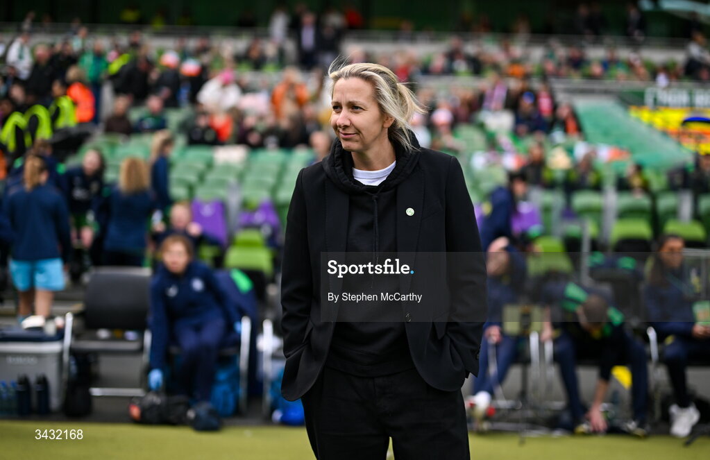 18 April 2026; Republic of Ireland head coach Carla Ward before the 2027 FIFA Women’s World Cup Qualifier match between Republic of Ireland and Poland at the Aviva Stadium in Dublin. Photo by Stephen McCarthy/Sportsfile