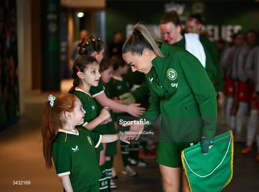 18 April 2026; Republic of Ireland captain Katie McCabe and mascot Millie Byrne before the 2027 FIFA Women’s World Cup Qualifier match between Republic of Ireland and Poland at the Aviva Stadium in Dublin. Photo by Stephen McCarthy/Sportsfile