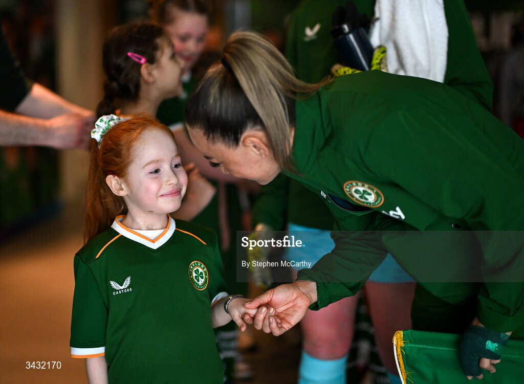 18 April 2026; Republic of Ireland captain Katie McCabe and mascot Millie Byrne before the 2027 FIFA Women’s World Cup Qualifier match between Republic of Ireland and Poland at the Aviva Stadium in Dublin. Photo by Stephen McCarthy/Sportsfile