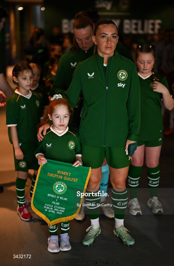 18 April 2026; Republic of Ireland captain Katie McCabe and mascot Millie Byrne before the 2027 FIFA Women’s World Cup Qualifier match between Republic of Ireland and Poland at the Aviva Stadium in Dublin. Photo by Stephen McCarthy/Sportsfile