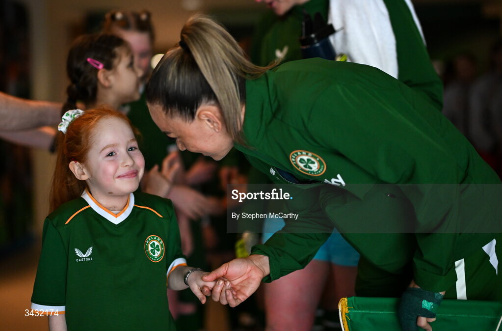 18 April 2026; Republic of Ireland captain Katie McCabe and mascot Millie Byrne before the 2027 FIFA Women’s World Cup Qualifier match between Republic of Ireland and Poland at the Aviva Stadium in Dublin. Photo by Stephen McCarthy/Sportsfile