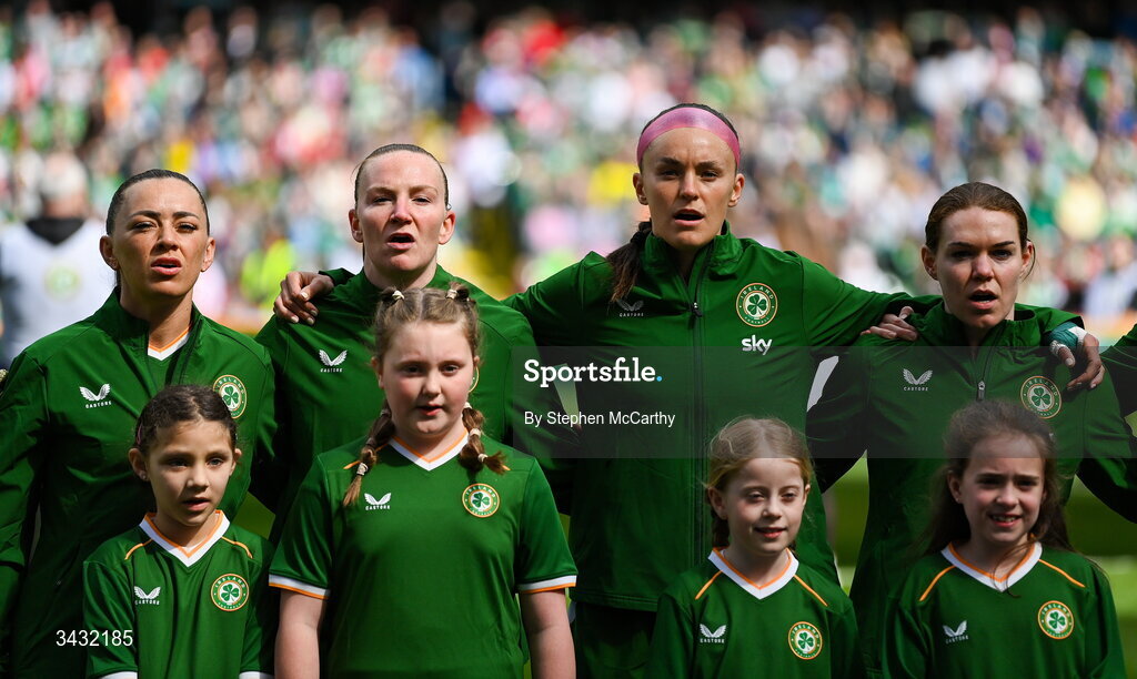 18 April 2026; Republic of Ireland players, from left, Katie McCabe, Courtney Brosnan, Caitlin Hayes and Aoife Mannion before the 2027 FIFA Women’s World Cup Qualifier match between Republic of Ireland and Poland at the Aviva Stadium in Dublin. Photo by Stephen McCarthy/Sportsfile