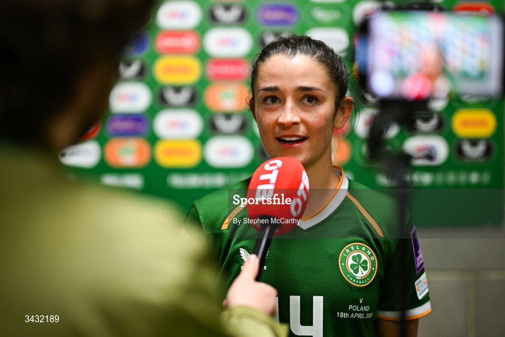 18 April 2026; Marissa Sheva of Republic of Ireland speaks to Off The Ball in the mixed zone after the 2027 FIFA Women’s World Cup Qualifier match between Republic of Ireland and Poland at the Aviva Stadium in Dublin. Photo by Stephen McCarthy/Sportsfile