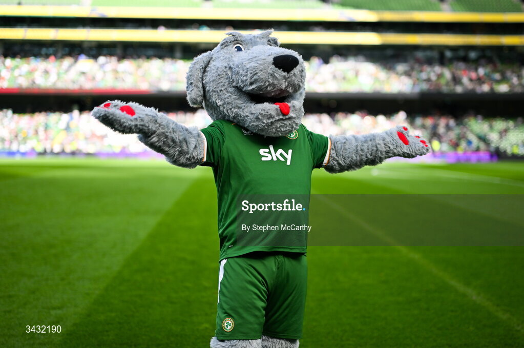 18 April 2026; Republic of Ireland mascot Macúl during the 2027 FIFA Women’s World Cup Qualifier match between Republic of Ireland and Poland at the Aviva Stadium in Dublin. Photo by Stephen McCarthy/Sportsfile