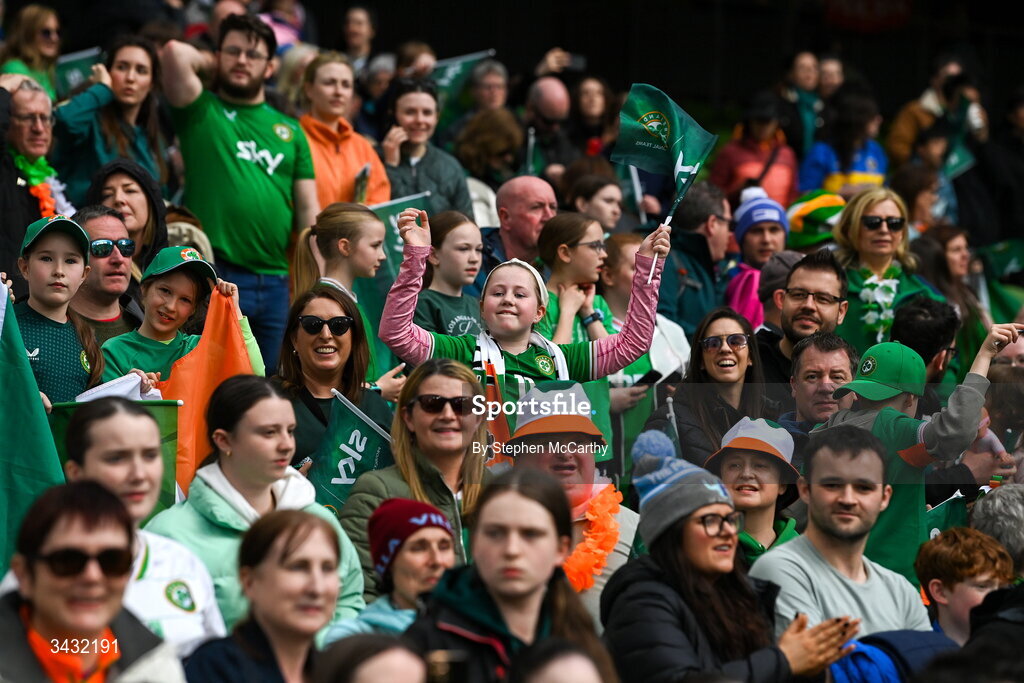 18 April 2026; Republic of Ireland supporters after the 2027 FIFA Women’s World Cup Qualifier match between Republic of Ireland and Poland at the Aviva Stadium in Dublin. Photo by Stephen McCarthy/Sportsfile