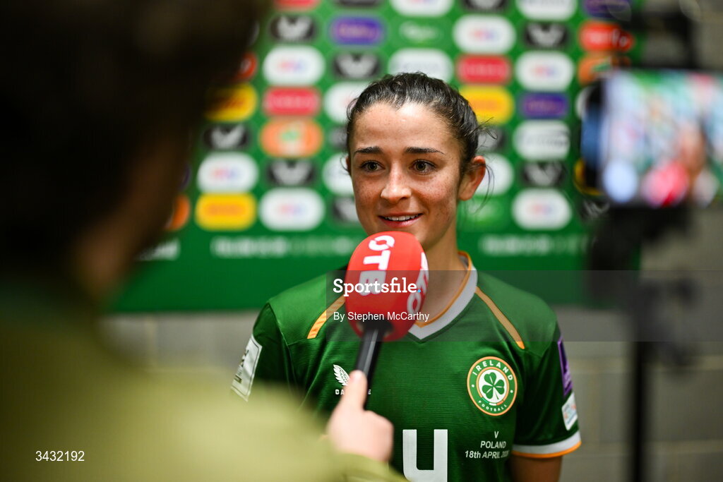 18 April 2026; Marissa Sheva of Republic of Ireland speaks to Off The Ball in the mixed zone after the 2027 FIFA Women’s World Cup Qualifier match between Republic of Ireland and Poland at the Aviva Stadium in Dublin. Photo by Stephen McCarthy/Sportsfile