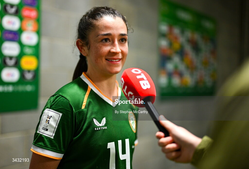 18 April 2026; Marissa Sheva of Republic of Ireland speaks to Off The Ball in the mixed zone after the 2027 FIFA Women’s World Cup Qualifier match between Republic of Ireland and Poland at the Aviva Stadium in Dublin. Photo by Stephen McCarthy/Sportsfile