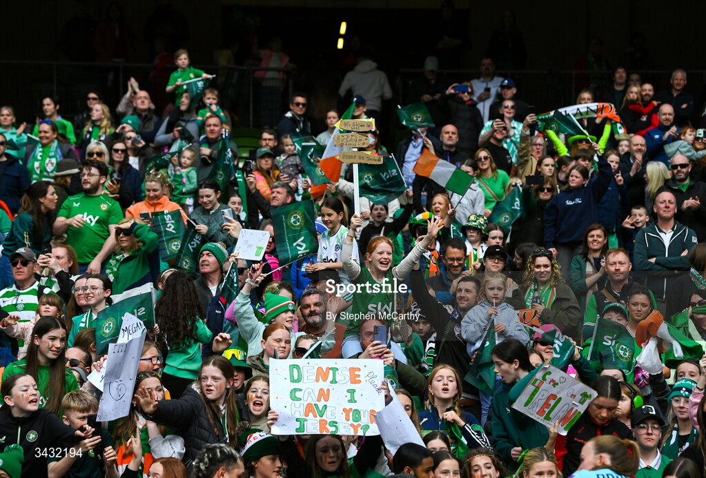 18 April 2026; Republic of Ireland supporters after the 2027 FIFA Women’s World Cup Qualifier match between Republic of Ireland and Poland at the Aviva Stadium in Dublin. Photo by Stephen McCarthy/Sportsfile