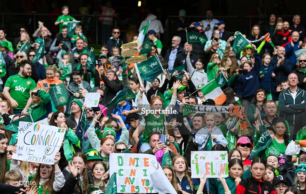18 April 2026; Republic of Ireland supporters after the 2027 FIFA Women’s World Cup Qualifier match between Republic of Ireland and Poland at the Aviva Stadium in Dublin. Photo by Stephen McCarthy/Sportsfile