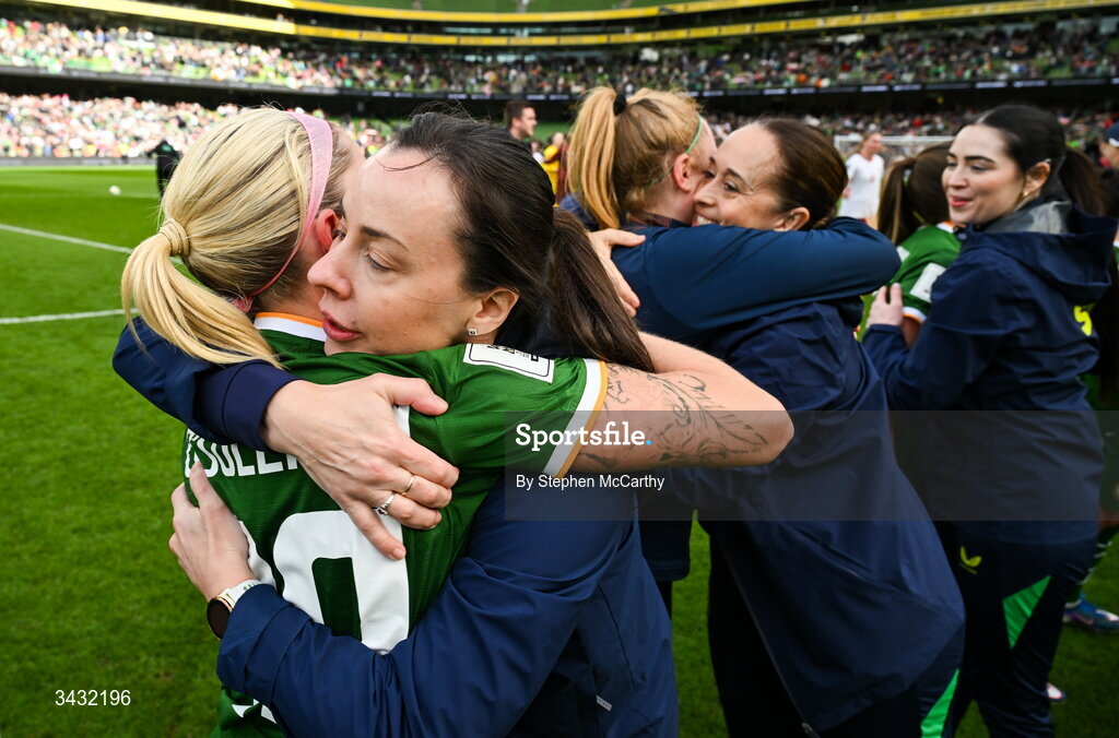 18 April 2026; Republic of Ireland physiotherapist Angela Kenneally and Denise O’Sullivan celebrate after the 2027 FIFA Women’s World Cup Qualifier match between Republic of Ireland and Poland at the Aviva Stadium in Dublin. Photo by Stephen McCarthy/Sportsfile