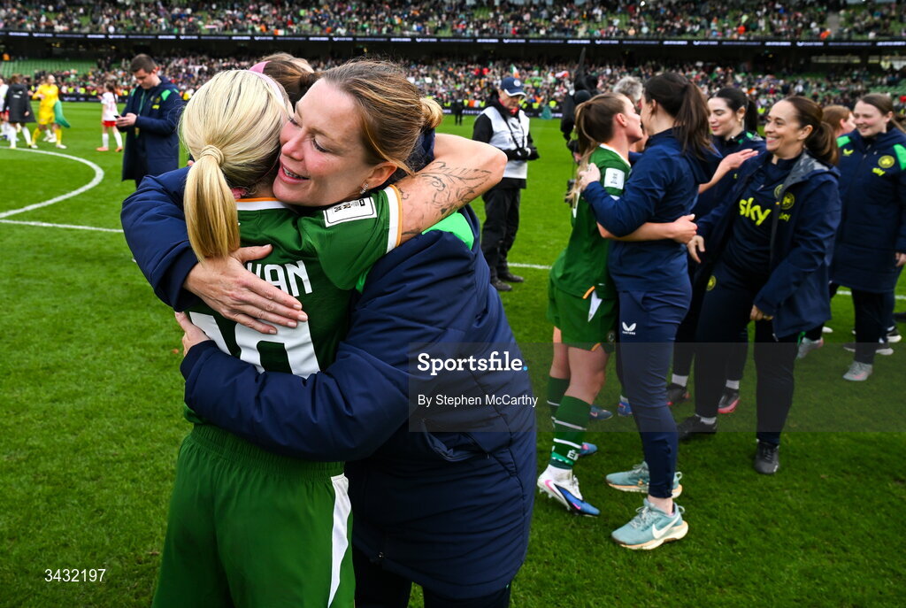 18 April 2026; Republic of Ireland goalkeeping coach Emma Byrne and Denise O’Sullivan celebrate after the 2027 FIFA Women’s World Cup Qualifier match between Republic of Ireland and Poland at the Aviva Stadium in Dublin. Photo by Stephen McCarthy/Sportsfile