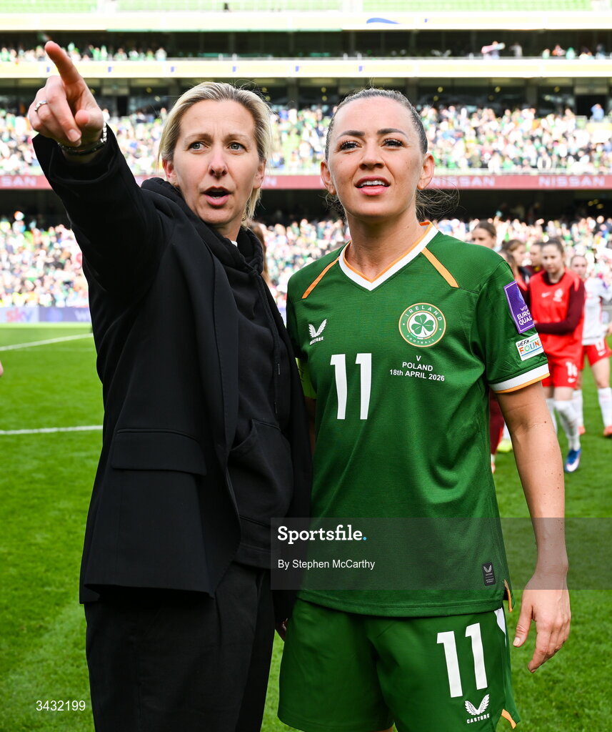 18 April 2026; Republic of Ireland head coach Carla Ward and Katie McCabe after the 2027 FIFA Women’s World Cup Qualifier match between Republic of Ireland and Poland at the Aviva Stadium in Dublin. Photo by Stephen McCarthy/Sportsfile