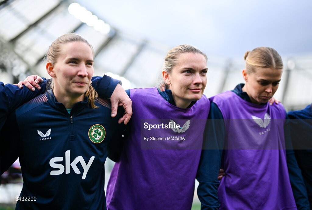 18 April 2026; Republic of Ireland players, from left, Sophie Whitehouse, Saoirse Noonan and Ruesha Littlejohn after the 2027 FIFA Women’s World Cup Qualifier match between Republic of Ireland and Poland at the Aviva Stadium in Dublin. Photo by Stephen McCarthy/Sportsfile