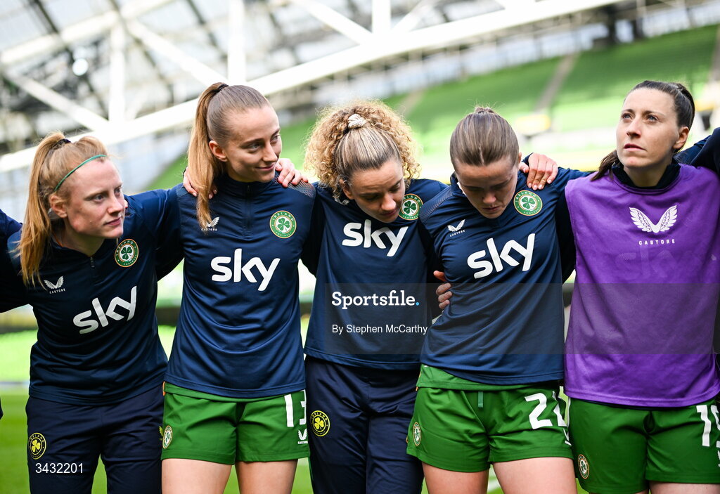 18 April 2026; Republic of Ireland players, from left, Amber Barrett, Aoibheann Clancy, Leanne Kiernan, Tyler Toland and Lucy Quinn after the 2027 FIFA Women’s World Cup Qualifier match between Republic of Ireland and Poland at the Aviva Stadium in Dublin. Photo by Stephen McCarthy/Sportsfile