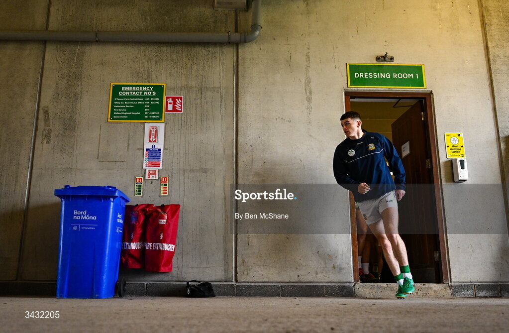 19 April 2026; Meath captain Eoghan Frayne leads his side out of the dressing room before the Leinster GAA Football Senior Championship quarter-final match between Meath and Westmeath at Glenisk O'Connor Park in Tullamore, Offaly. Photo by Ben McShane/Sportsfile